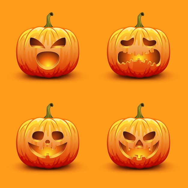 Set of cute and scary Halloween pumpkins. Autumn holiday vector illustration