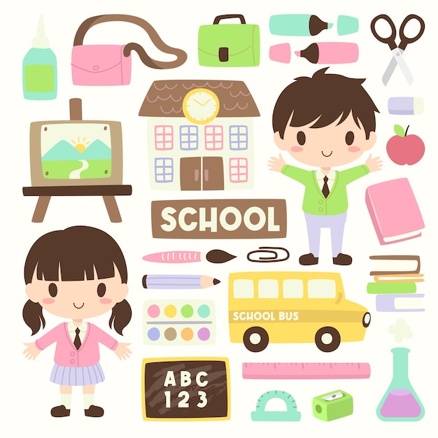 Vector set of cute school illustration