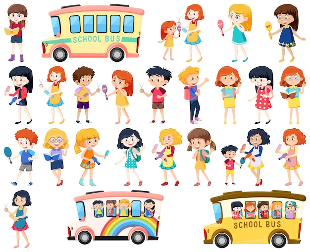 Set of cute school kids cartoon characters