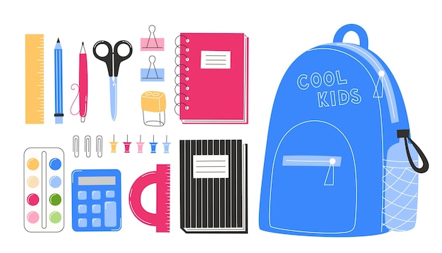 평평한 스타일의 귀여운 학교 용품 세트
