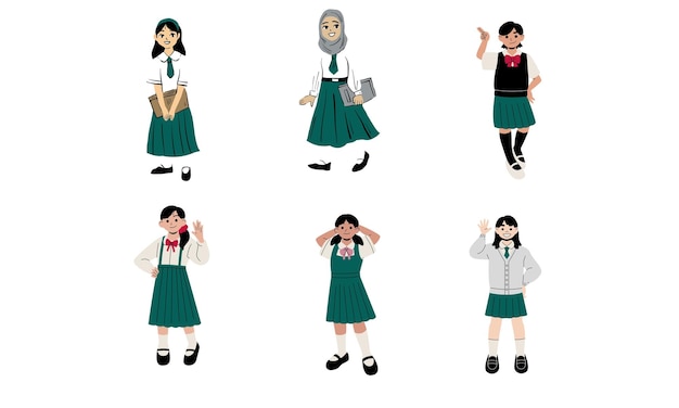 白い背景ベクトルイラストに分離されたかわいい女子高生のセット