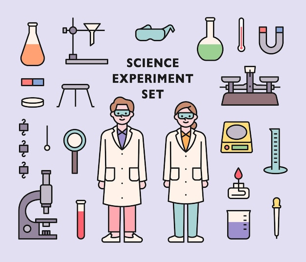 Set di simpatici personaggi di scienziati e icone di strumenti per esperimenti di laboratorio