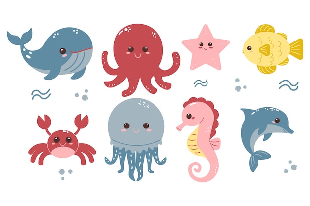 Set of cute sea animals different fish vector cartoon illustration