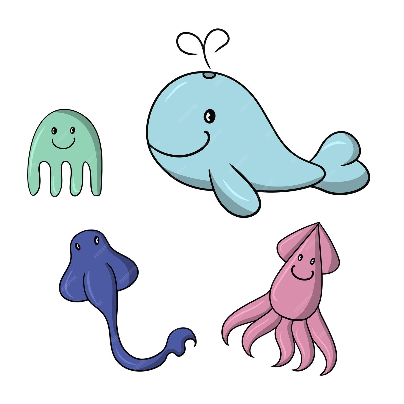 Premium Vector | A set cute sea characters a large whale a stingray a