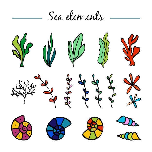 Set of cute sea elements doodle icons