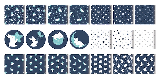 Set of cute seamless patterns Bunny in stars Textile print for little baby girl or boy