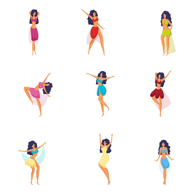 Vector set of cute and sexy modern brunette dancer girls in colorful clothes