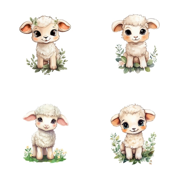 set of cute sheep watercolor illustrations safari jungle animals vector