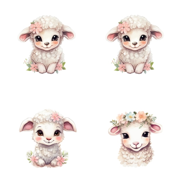 可愛い羊の水彩イラストのセット サファリジャングル動物ベクトル