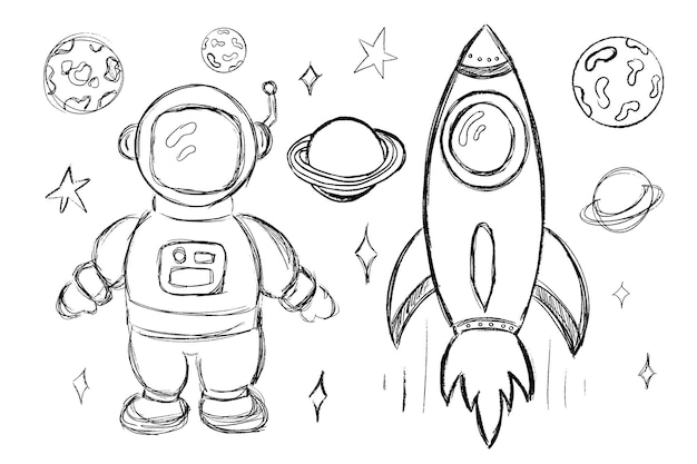 Set of cute sketch planets stars rocket and astronaut isolated on white background Baby kids design