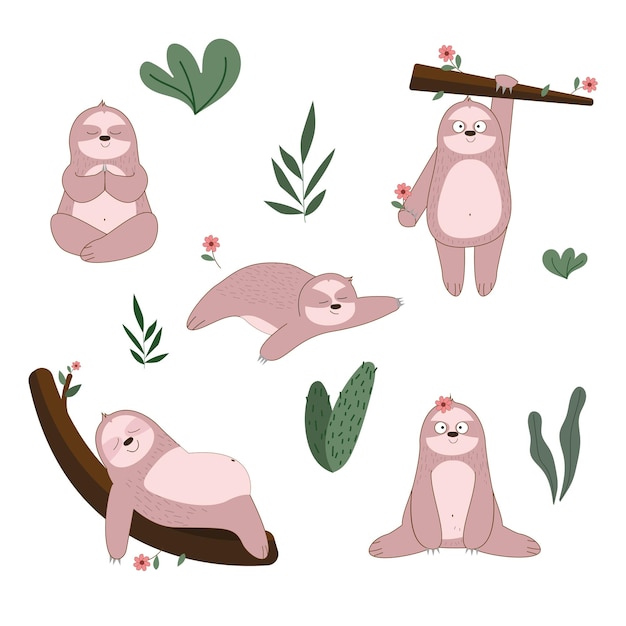 Set of cute Sloth animal vector illustration