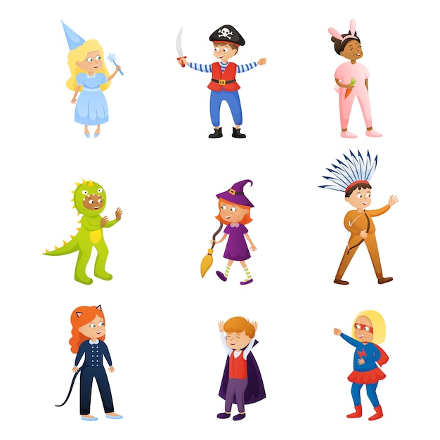 set of cute smiling kids character in different holiday clothes