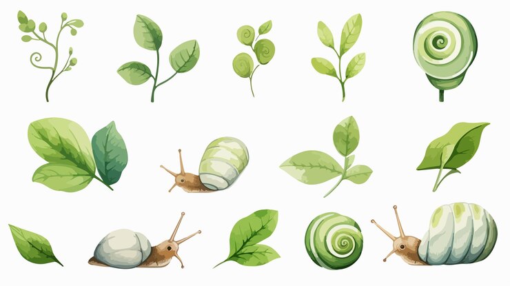 Vector set of cute snails on fresh green leaves with water drop