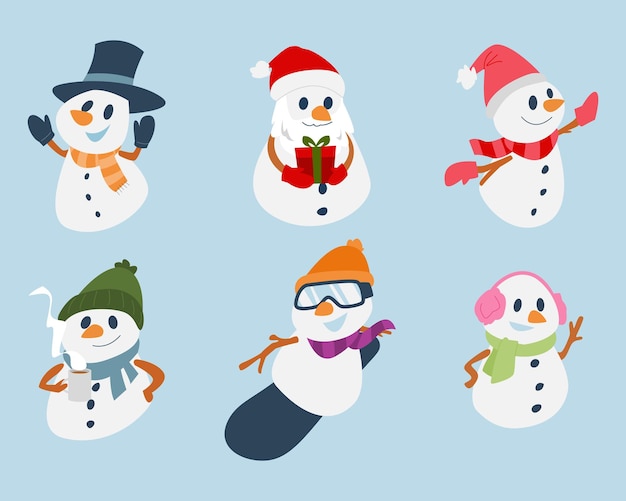 set of cute snowman characters with different styles and activities concept of winter christmas