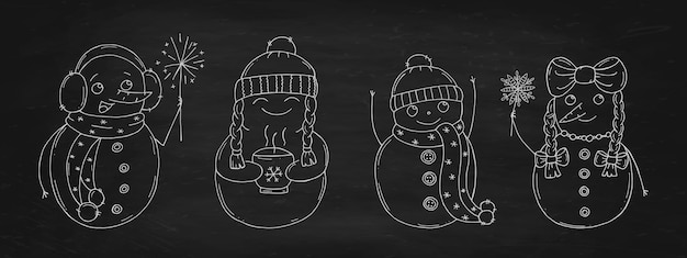 Набор милых снеговиков на черной меловой доске Векторная иллюстрация в стиле каракулей Зимнее настроение Hello 2023 Счастливого Рождества и счастливого Нового года