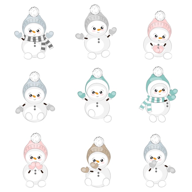 Set of cute snowmen Christmas vector illustration