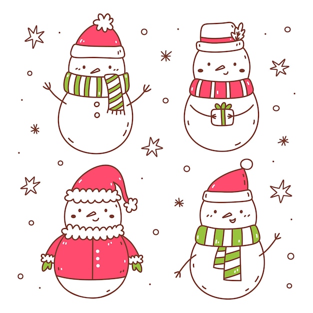 Набор милых снеговиков в праздничных костюмах, изолированных на белой рисованной иллюстрации каракули