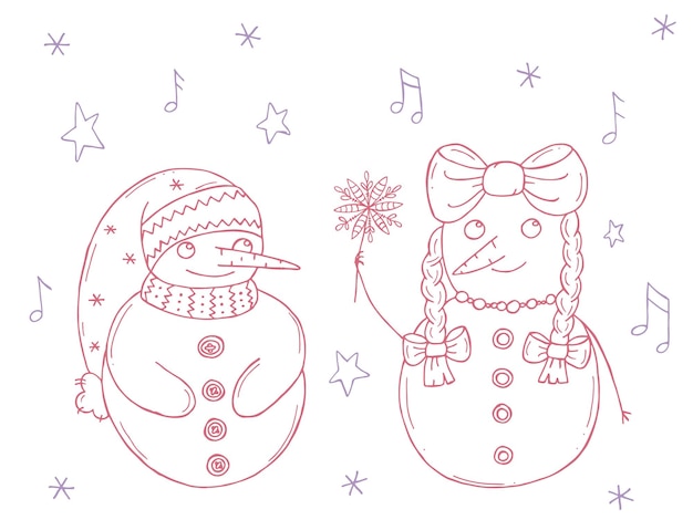 Set of cute snowmen on a white background Vector illustration in doodle style Winter mood Hello 2023 Merry Christmas and Happy New Year