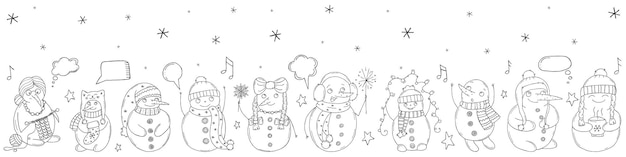 Vector set of cute snowmen on a white background vector illustration in doodle style winter mood hello 2023 merry christmas and happy new year