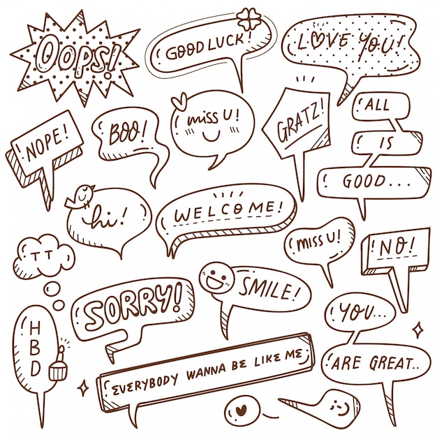 Vector set of cute speech bubble in doodle style