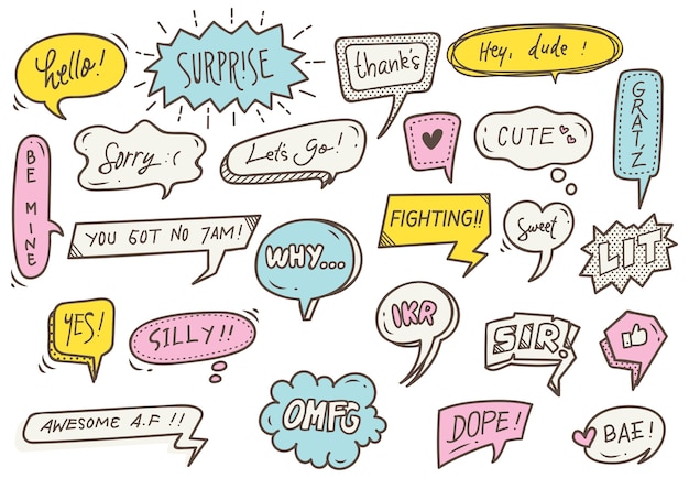 set of cute speech bubble with text in doodle style
