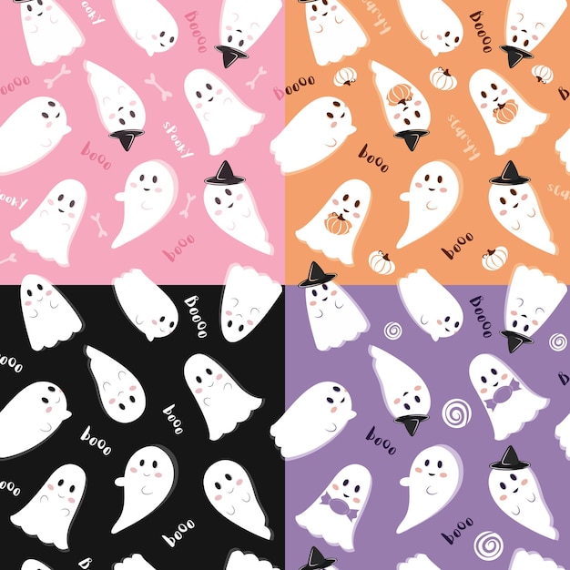 Vector set of cute spooky ghost patterns on colorful backgrounds
