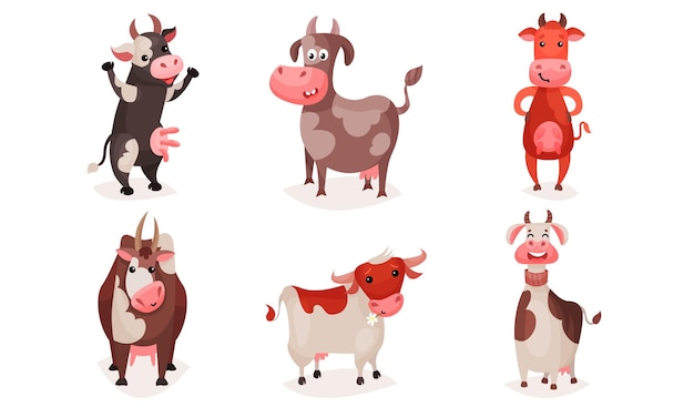 Set of cute spotted cartoon cows with collars vector illustration