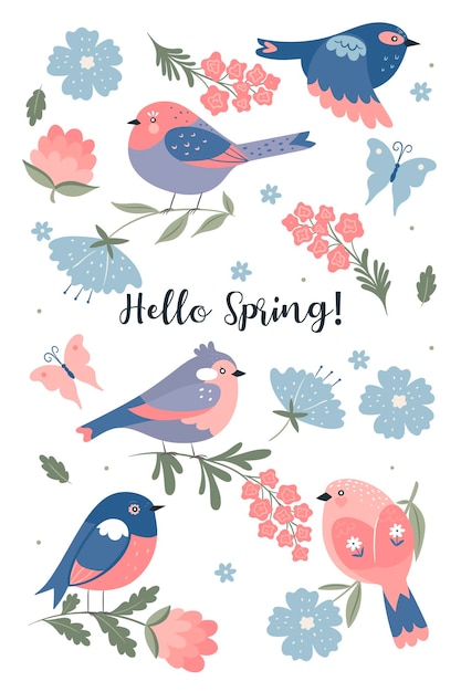 Set of cute spring birds isolated