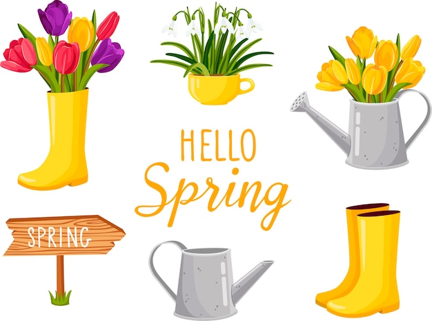 Set of cute spring cartoon design elements watering can rubber\
boots tulips and snowdrops vector