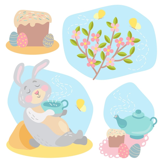 A set of cute spring design elements A rabbit eggs a cupcake a flowering branch a teapot