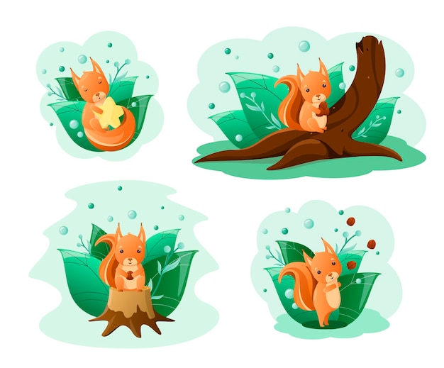 Vector a set of cute squirrels cartoon design