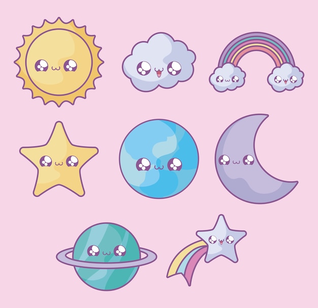 Vector set of cute stars with icons kawaii style