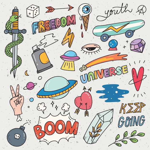 Set of cute sticker, graffiti doodle, fashion patches