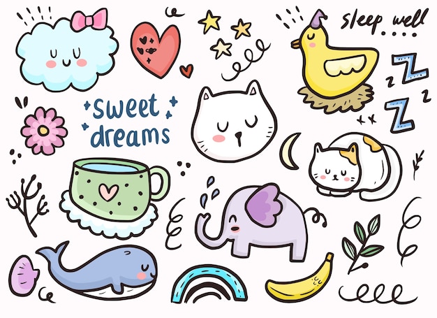 Vector set of cute sticker sleeping cat, clouds and animal doodle drawing collection
