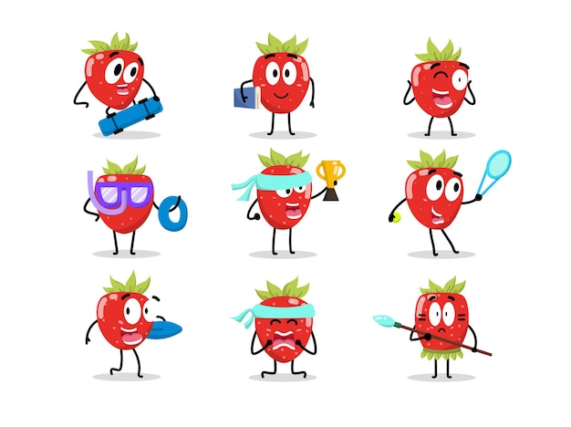 Vector set of cute strawberry character in different poses