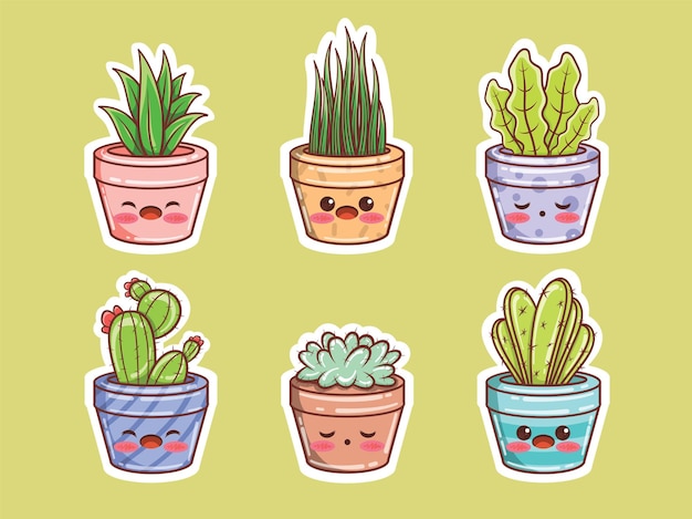 Set of cute succulents plant and cactus cartoon