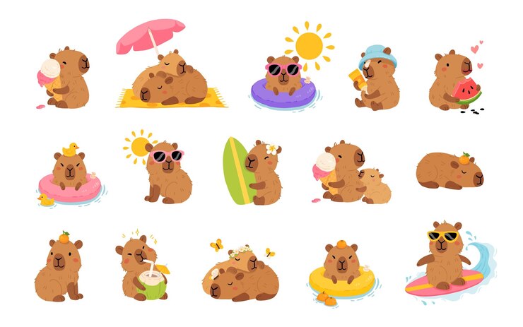 Set of cute summer capybaras in various poses and items Hand drawn cartoon flat style Vacation seasonal template for design kids collection