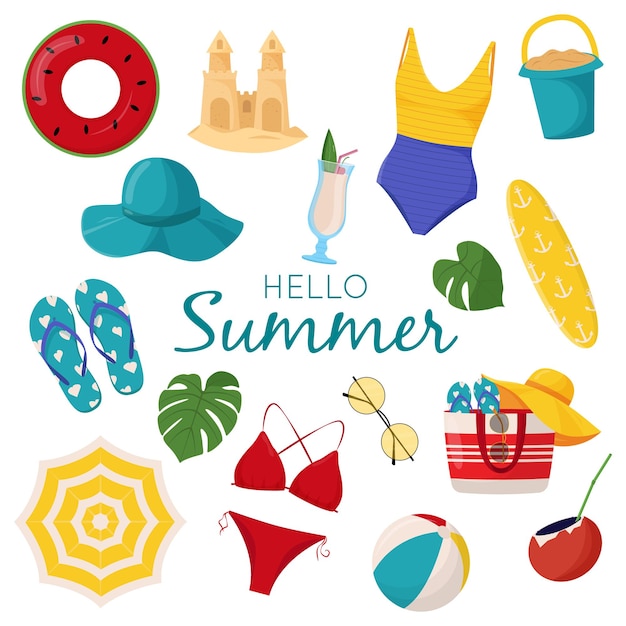 Set of cute summer elements surfboard cocktail bag hat palm tree bikini flip flops