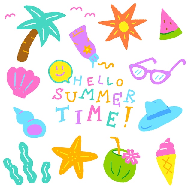 Vector set of cute summer icons doodle hand drawing palm tree sunscreen sunglasses watermelon hat ice cream