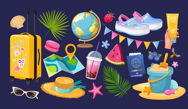 Vector set of cute summer icons set with beach attributes rest vacation and travel elements