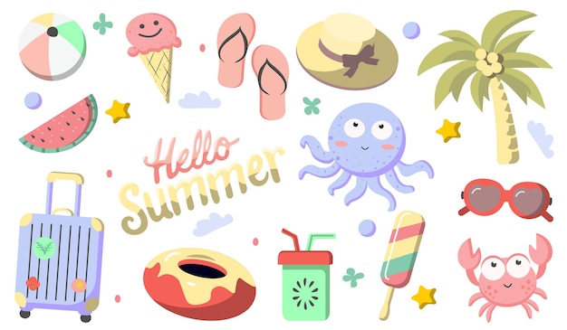 Vector a set of cute summer icons vector illustration palm tree crab suitcase ice cream glasses slat