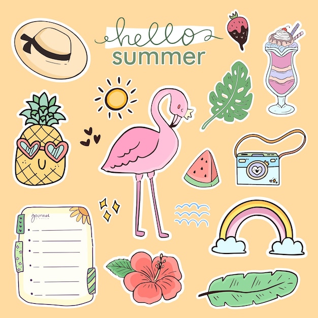 플라밍고와 귀여운 여름 스티커 그리기 컬렉션 세트