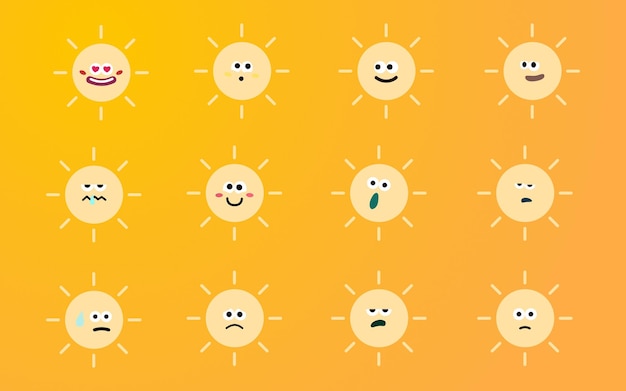 Vector set of cute sun characters with different emotions cartoon faces collection