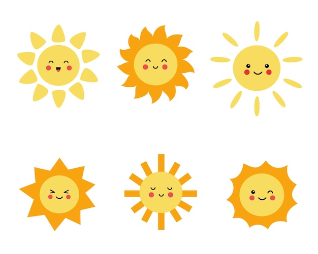 一組卡通風格的可愛太陽