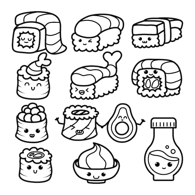 Vector set of cute sushi maki and rolls in kawaii style