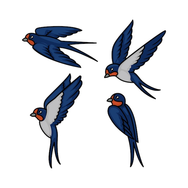 Set of cute swallow bird with flying pose design illustration