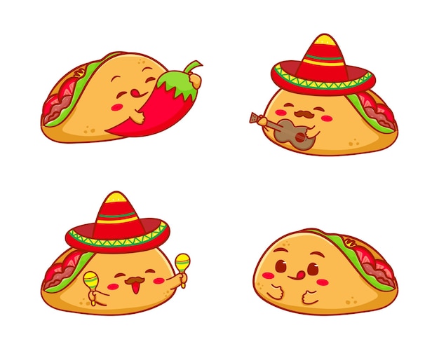 Vector set cute taco cartoon character. mexican traditional food