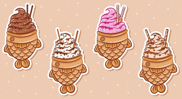 Vector set of cute taiyaki ice cream drawing stickers