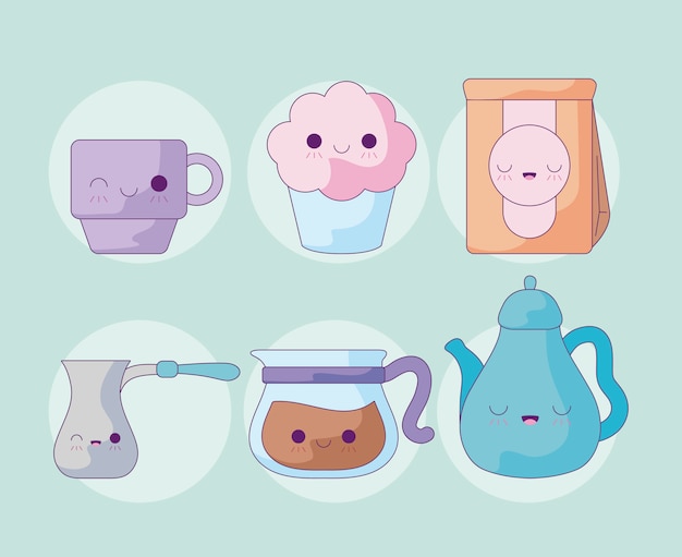 Vector set cute teapot with icons kawaii style