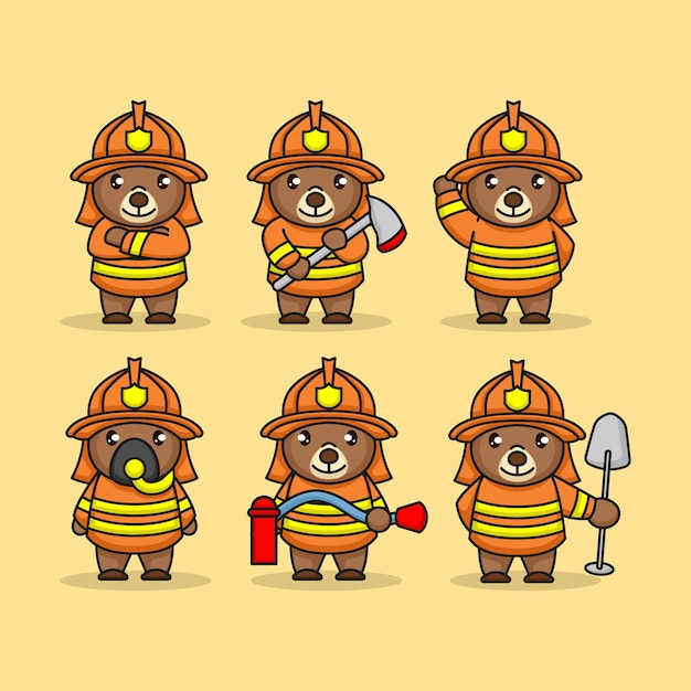 Vector set of cute teddy bear with firefighter costume